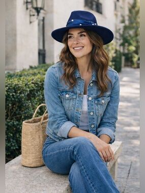 NWT Lele Sadoughi Wool Pearl Detail Navy Rancher Hat